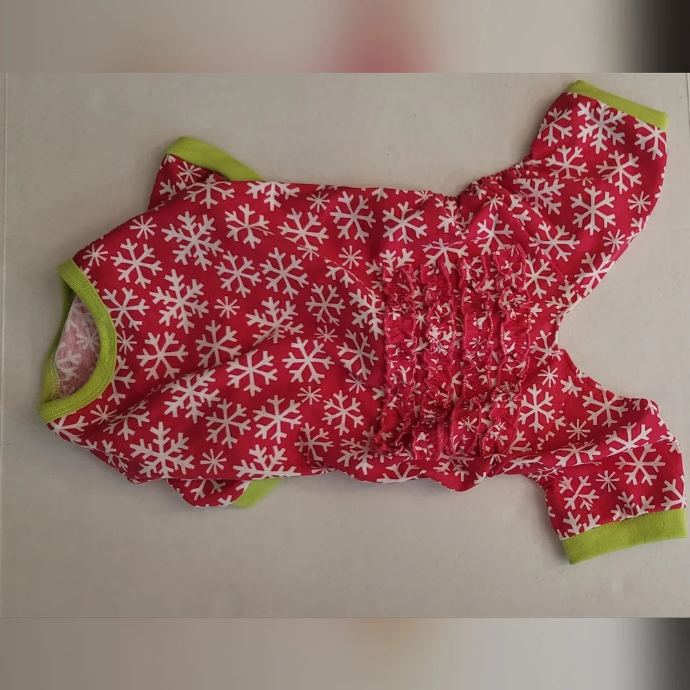 Dog cat outfit red white snowflakes green trim With ruffle Butt Pjs Pajamas